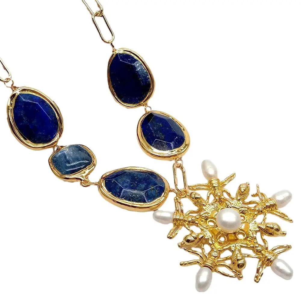 Y·YING natural Blue Lapis Kyanite Gold color Plated Edge Chain Necklace White Pearl animal charm Pendant 21