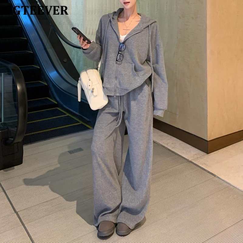

BGTEEVER Casual Loose Female Tracksuits Long Sleeve Zippers Hooded Sweatshirts Cardigans & Drawstring Wide Leg Trousers