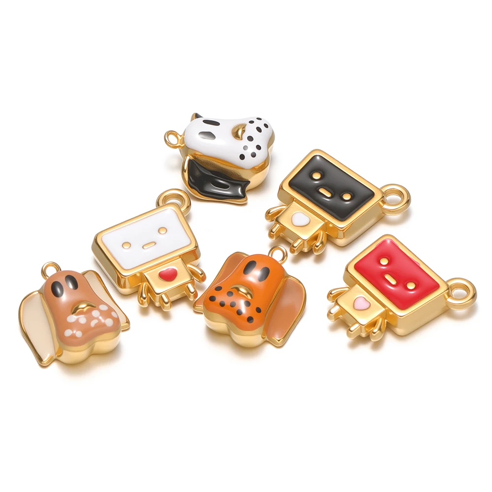 4 piezas de acero inoxidable esmaltado con dijes de perro de dibujos animados y robot, accesorios de joyería DIY para la fabricación de pulseras, collares y pendientes infantiles