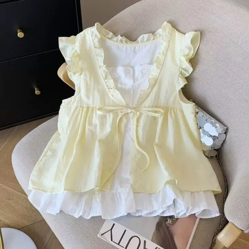 

Girls Summer Sleeveless Shirt 2026 Fake Two Piece Design Contrast Color Ruffle Blouse Loose Fit Casual Top for Big Girls