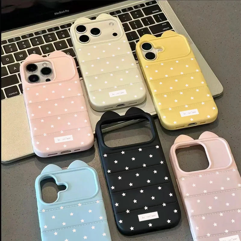 Korean INS White Star Soft Phone Case For iPhone 17 16 15 Pro Max 16 15 14 Plus 11 12 13 Pro Max Cat Ear Lens Protection Cover view 6