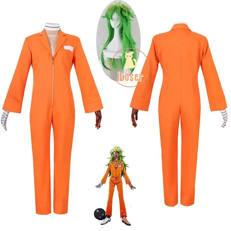 Detentionhouse Niko No.25 Nanbaka Cosplay Costume Green Wig Prison Nanba Orange Jumpsuit Detention House Adult Halloween Suit GS