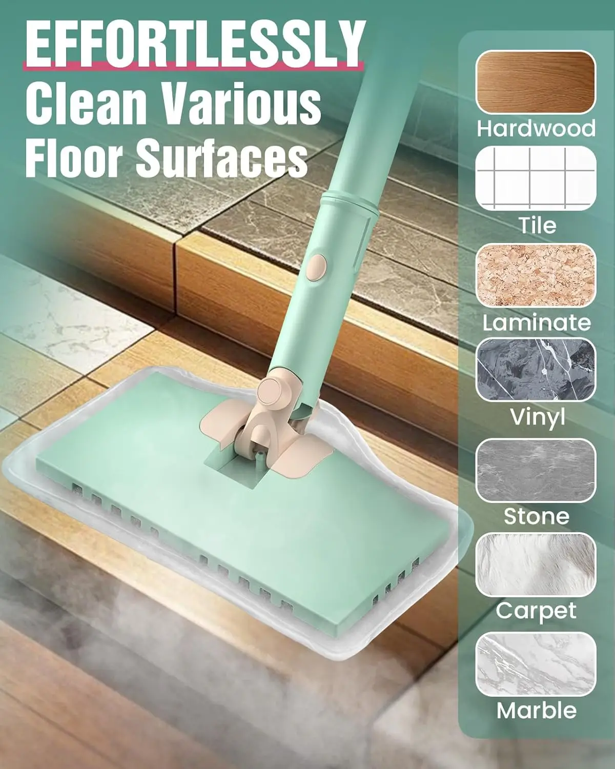 Lightest Detachable Steam Mop with 2 Modes, Adjustable Heat for Hardwood, Laminate & Tile Grout – High-Temp Deep Cleaner