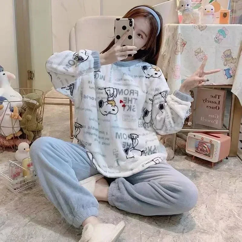 زائد الصوف سميكة الفانيلا لطيف ملابس خاصة فتاة ثوب النوم سنوبي الخريف الشتاء بيجامة صبي المرأة المرجان الصوف طويلة الأكمام السراويل