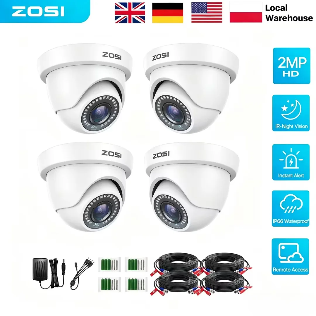 ZOSI 4Pack/2Pack Caméras de sécurité dôme HD-TVI 1080P 2MP 1920TVL intérieures/extérieures avec vision nocturne IR 80 pieds, vidéosurveillance CCTV pour la protection de la maison, enregistreur DVR analogique