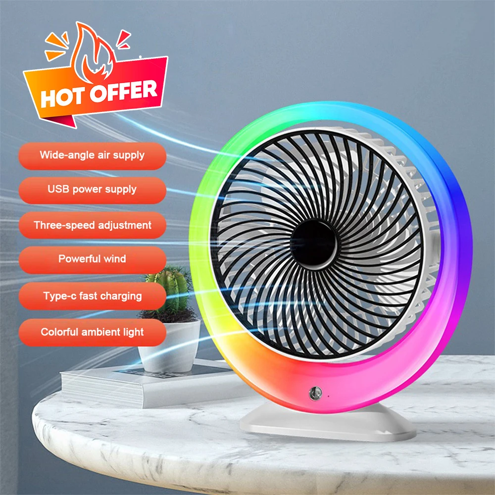 

Desk Fan 3 Gears USB Rechargeable Fan Cooling Summer Cooling Fan with Colorful Light 1200mAh Low Noise Cooler for Home Office