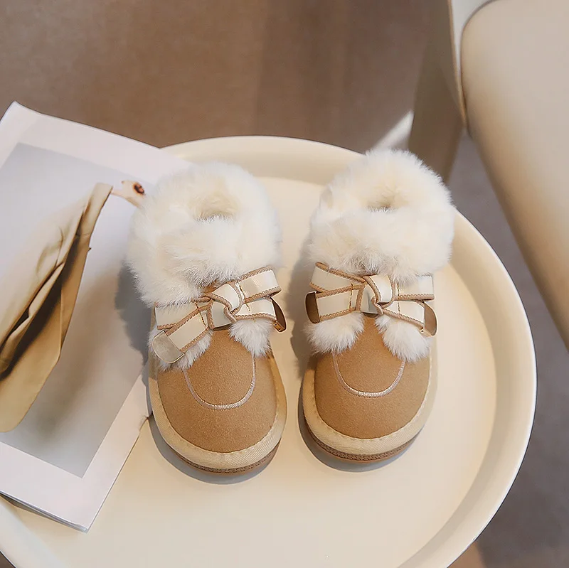 Childrens Cotton Shoes with Bow Flat Bottom High Top Slip Resistant and Warm Feet Winter Frosted Leather Casual Cotton Shoes