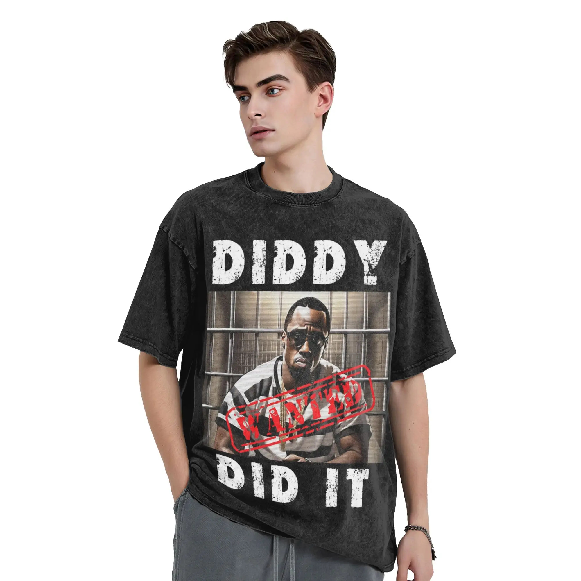 Diddy in Prison Diddy Did It T Shirt Hip Hop Washed Street T-Shirt  Vintage for Men Women Tops Streetwear Printed Tees