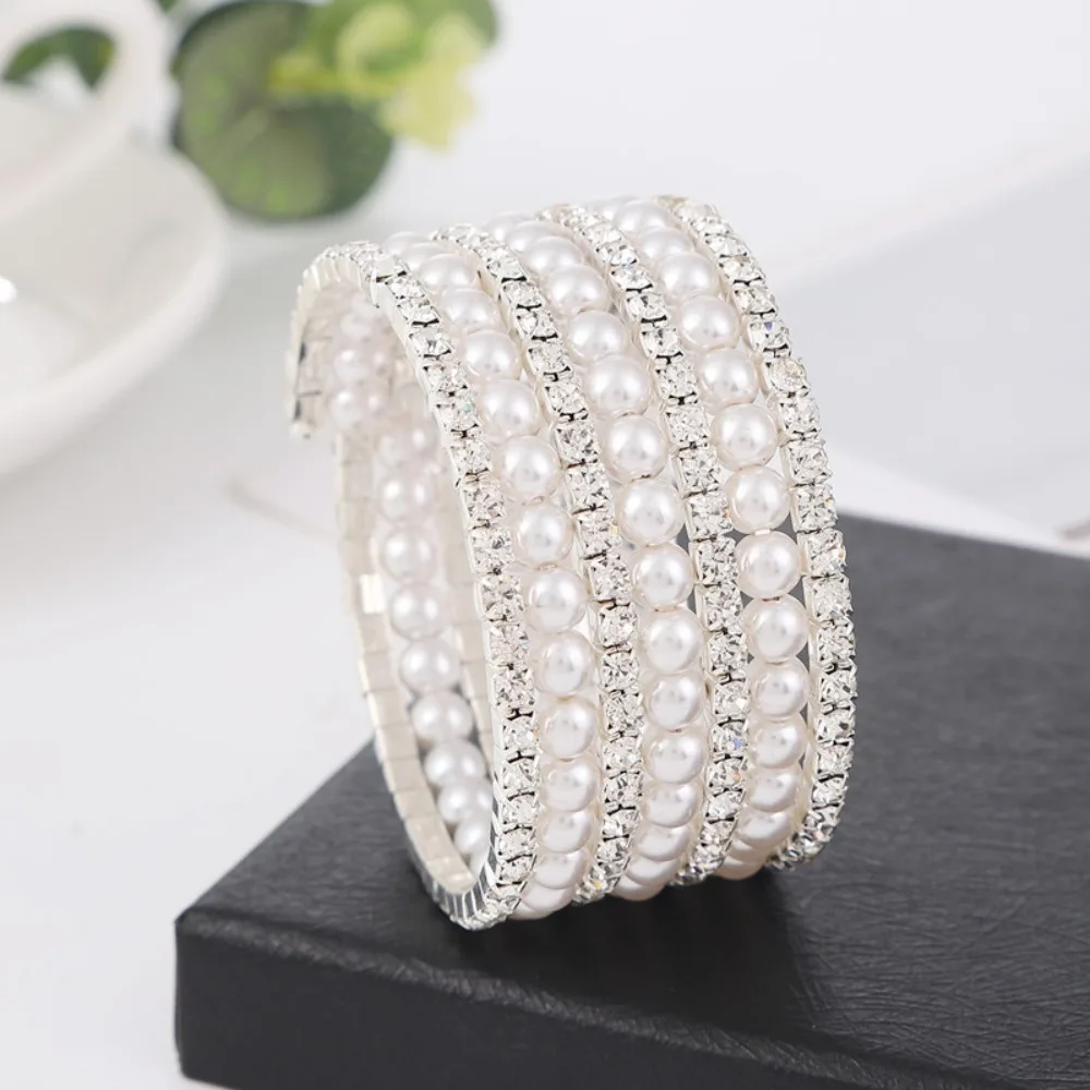 

Shining Full Rhinestone Hand Wrist Bracel Multi Layer Crystal Bracelet Fashion Wide Imitation Pearl Bracelets Wedding Jewelry