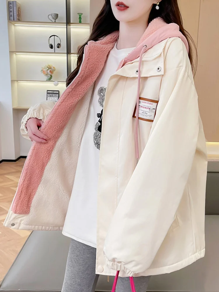 

Girls' Lamb Fur Jaet 2024 Autumn Winter New Sle Fce Lined Hooded Loose Cotton Clothes for Junior And High School Students