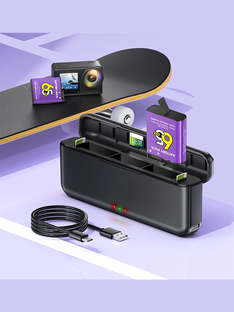 Bateria 2250mAh z potrójną ładowarką LED do DJI Osmo Action 6 5 Pro Action 4 3, do DJI Osmo 6, do DJI Osmo360 + Pudełko do przechowywania kart TF — zdjęcie produktu 7