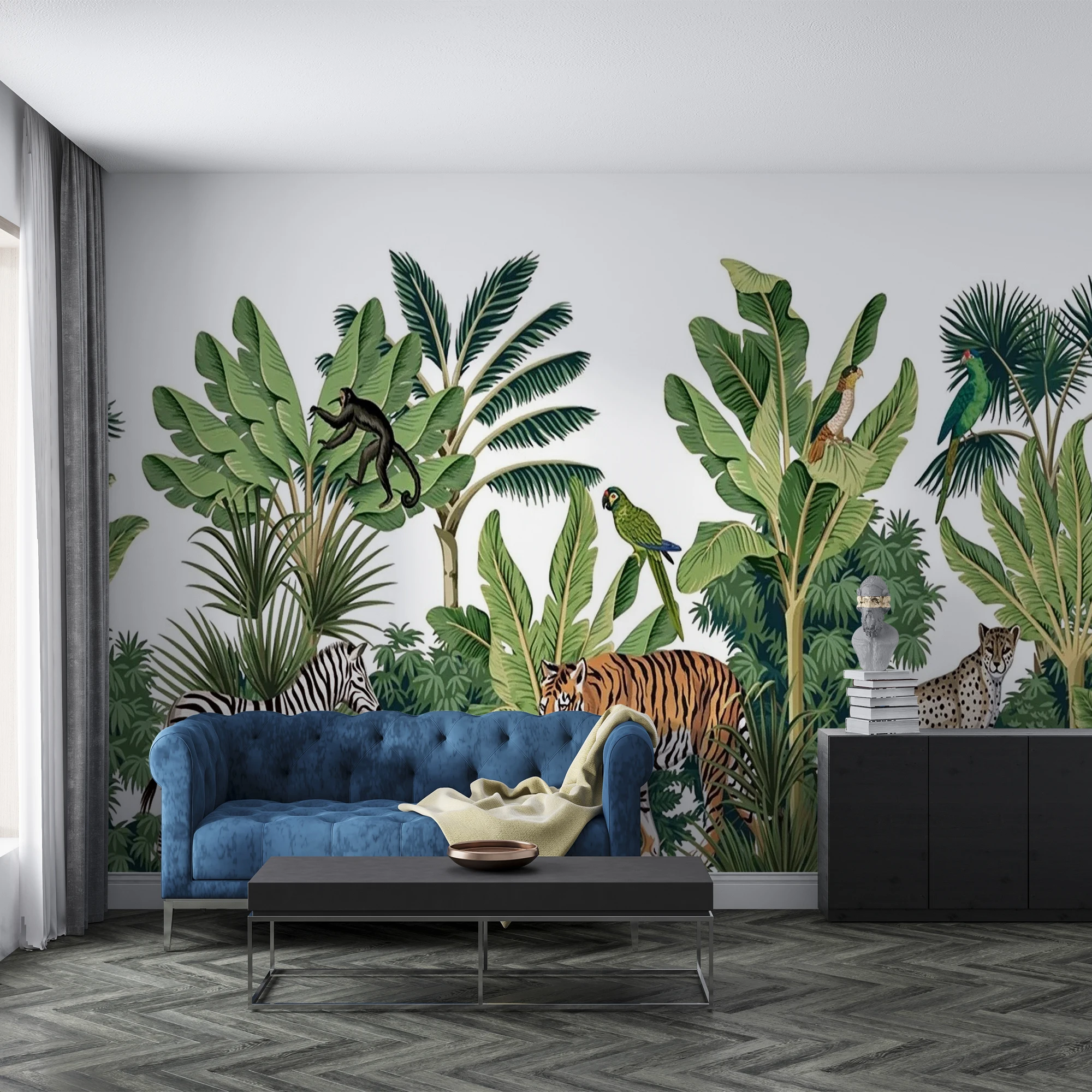 Custom Wall Mural Wallpaper Vintage Tropical Safari Jungle Animals Tiger Zebra Monkey Parrot Botanical Wall Decor