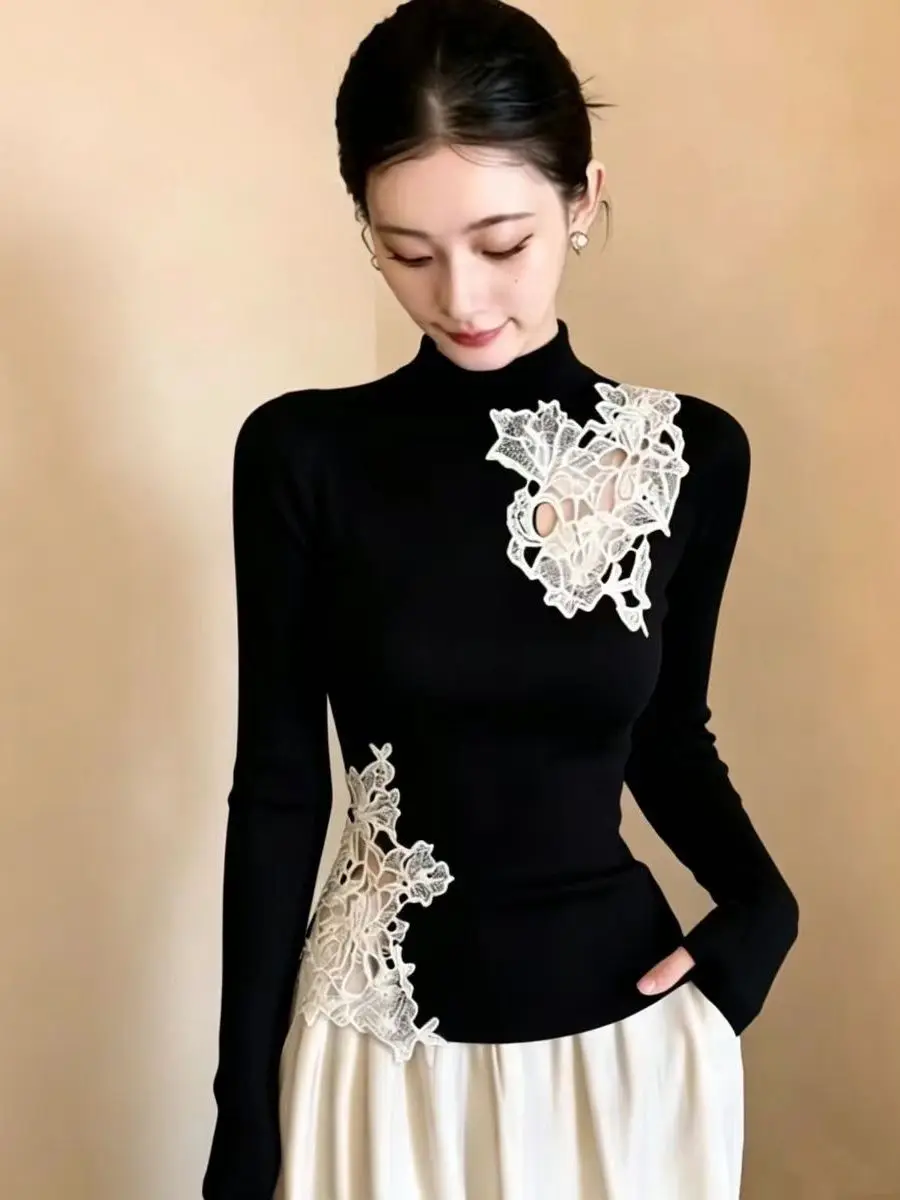 New Chinese Style Black Lace Long Sleeve T-Shirt Women's Early Autumn Base Shirt Slimming Top Casual Loose Fit Breathable