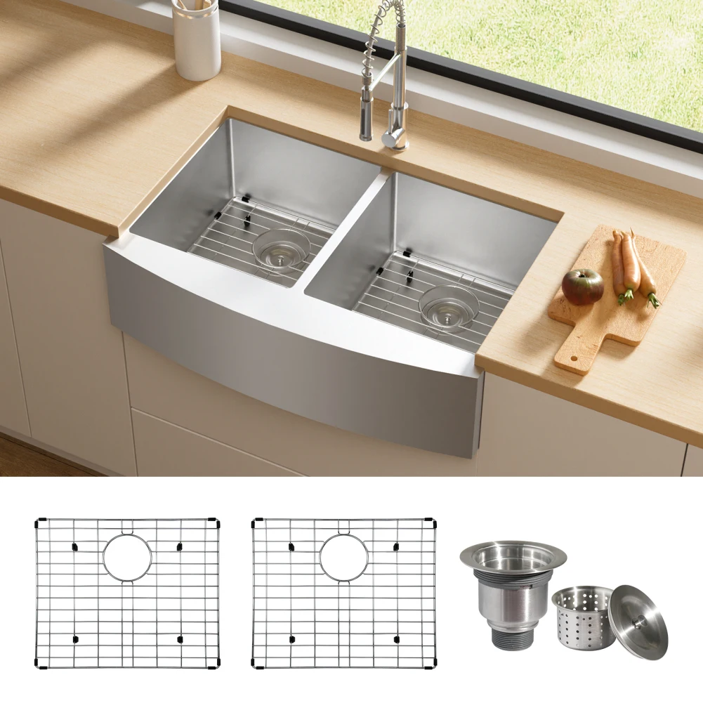 

33 Inch Farmhouse Sink Double Bowl 50/50 Stainless Steel Apron Front 16 Gauge Farm Sink Basin With 3.5" Drain Openings