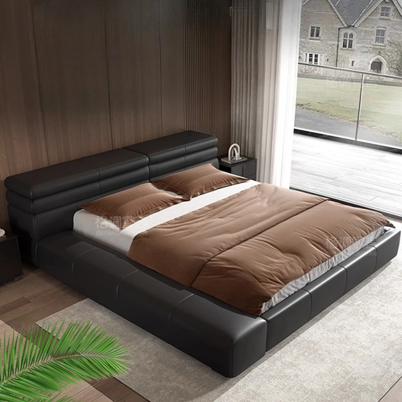 

Top-grain Leather Fashion Home Bed Nordic Design Bed 2 People King Size Frame Bedside Table Bedroom Sets Full Set Furniture