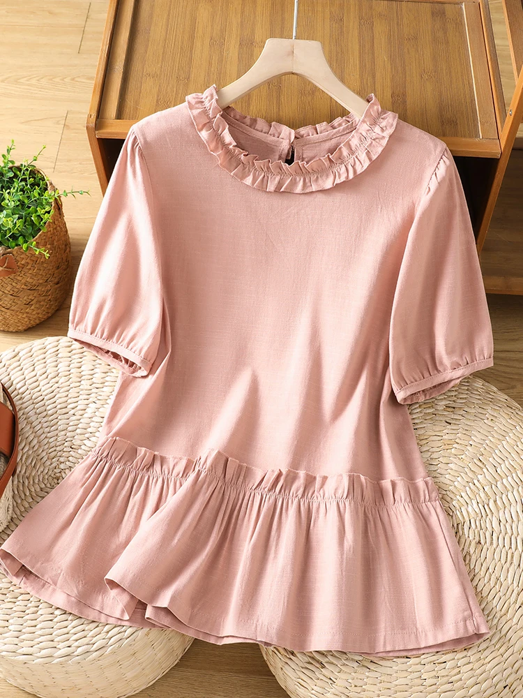 

Korean Style Short Sleeve Doll Shirt Women's Fashionable Age-Defying Wood Grain Cute Top Commute Artistic Loose Fit