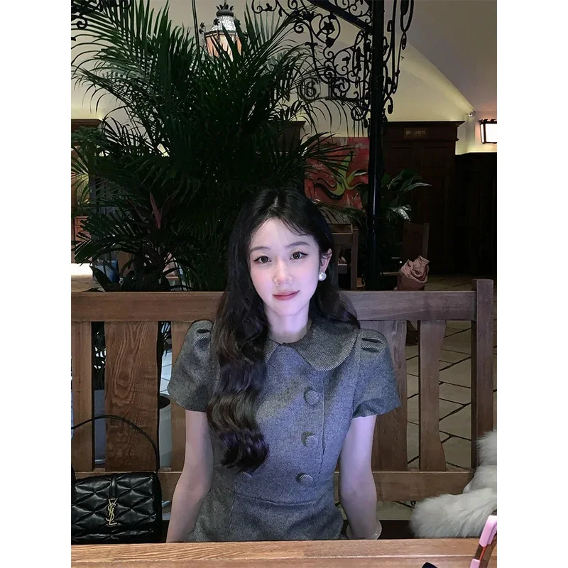 qa156 ربيع جديد وصول الكورية Sle المرأة الدكتور مزدوجة الصدر دمية طوق منقوشة الصوفية ort Sve ألف خط تنورة الدكتور