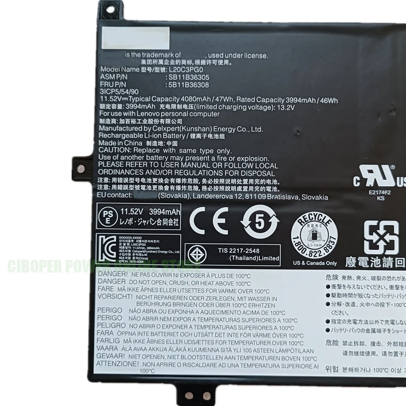 CP Genuine Laptop Battery L20L3PG0 L20C3PG0 L20D3PG0 11.52V/47WH/4080MAH SB11B36305SB11B36308 SB11B36299 SB11B36319 Notebook