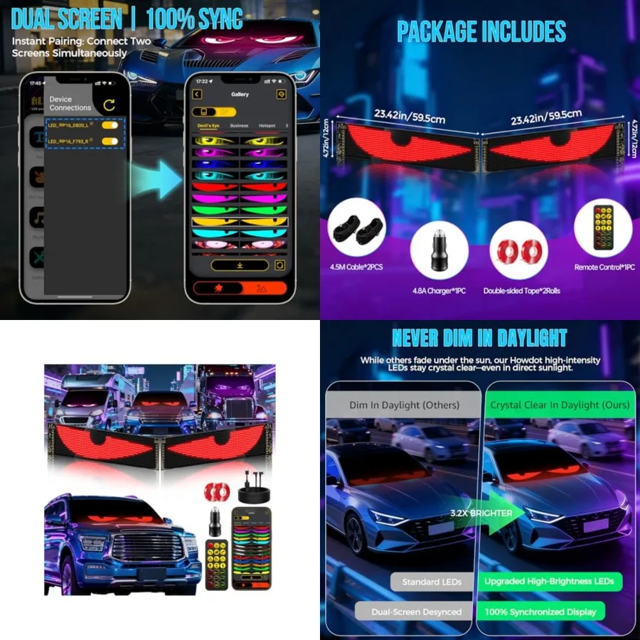 

2PCS Devil Eyes Light For Windshield, 23"x5" LED Eyes Dual Screen 100% Sync, App/Remote Control, Custom Text and Graphics LED L