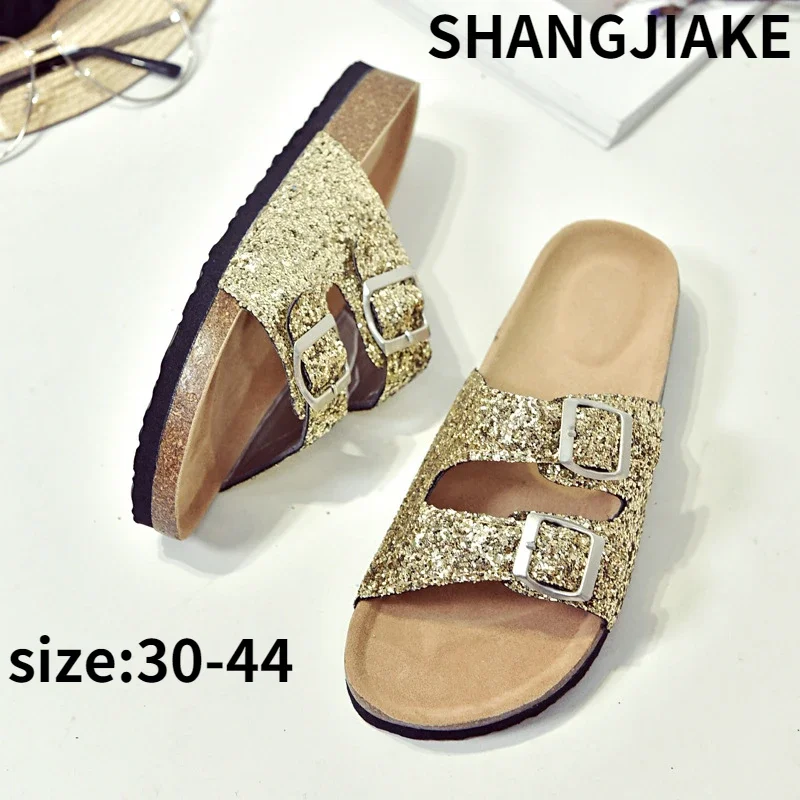 2024 New Summer Trend Sequins Parent-child Children\'s Slippers Women\'s Double Buckle Flip Flops Cork Slippers Women\'s Sandals