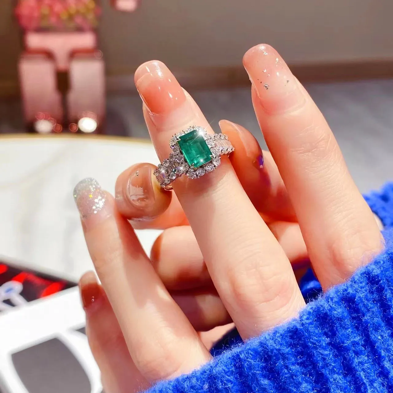 New Square Green Zircon Luxury Valentine's Day Rings Women's Wedding Prom Party Jewelry Anniversary Gifts Adjustable Size