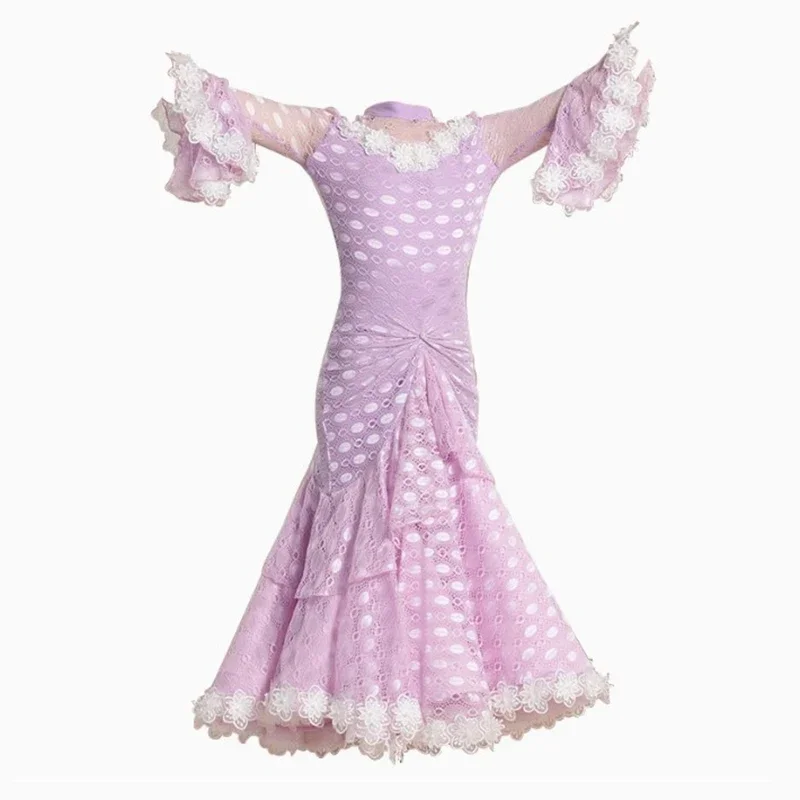 Paars Kant Wals Tango Ballroom Jurk Kinderen Meisjes Professionele Prinses Grote Visgraat Rokken Moderne Dansen Danskleding Kostuums