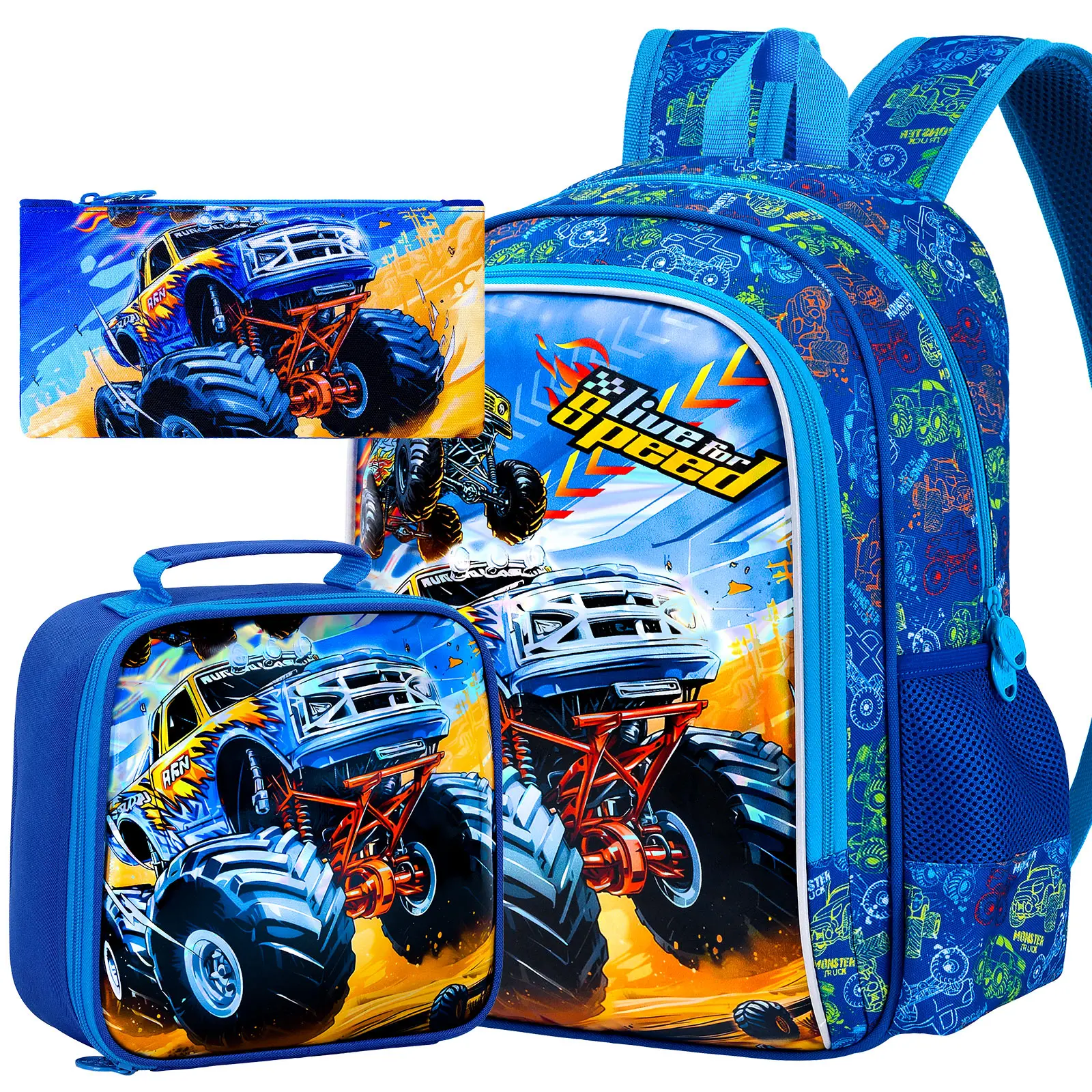 

3Pcs Kids Backpack for Boys, 16" Cars Bookbag with Lunch Box, School Backpacks Set for Elementary Preschool Kindergarten