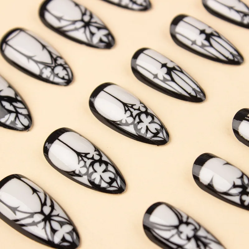 24 Pcs Acrylic Fake Press on Nails for Gluing Gothic Style Long Almond False Nails with Glue Black White Cheap Simple Nail Tips