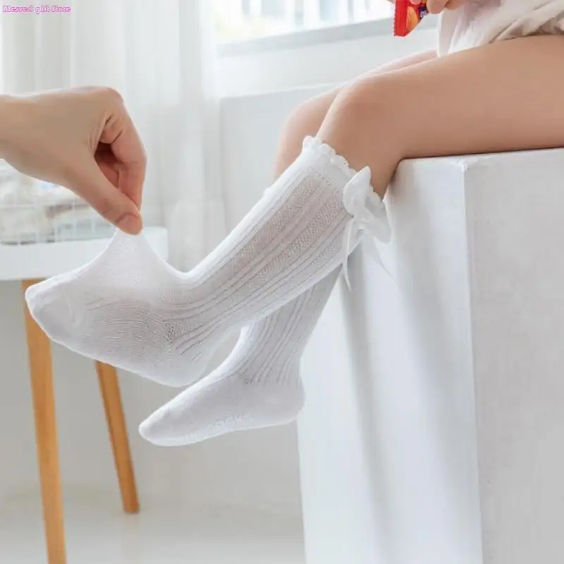 

D0JC, средние носки для маленьких девочек, противоскользящие носки с бантом, дышащие длинные носки для малышей, вязаные цветные