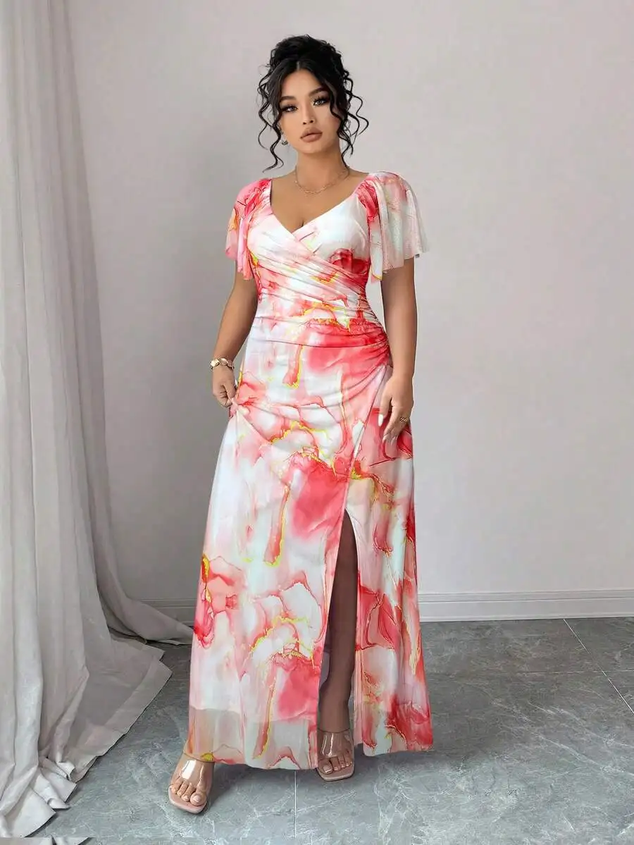 

V-Neck Ruffle Sleeve Floral Print Maxi Dress With Slit Waist Pleated Elegant Party Dress