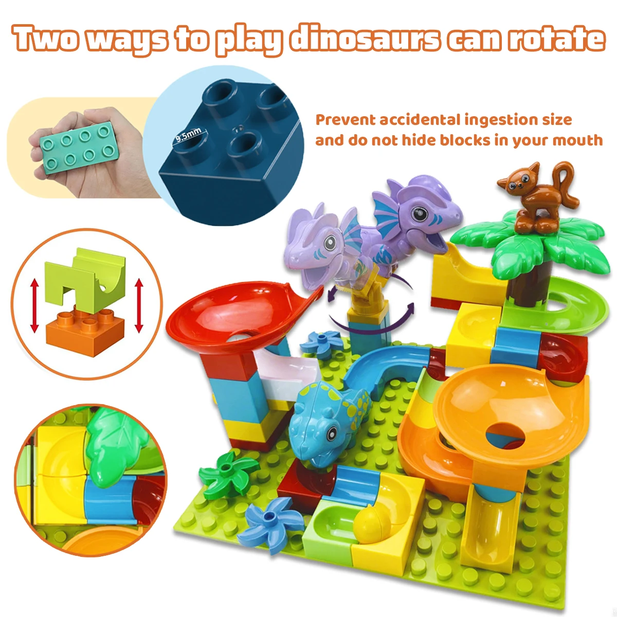 Carreras de mármol para niños, correr de mármol para niños con bloques de construcción de dinosaurios, juguetes de construcción de vástago, pista de mármol Compatible con marcas