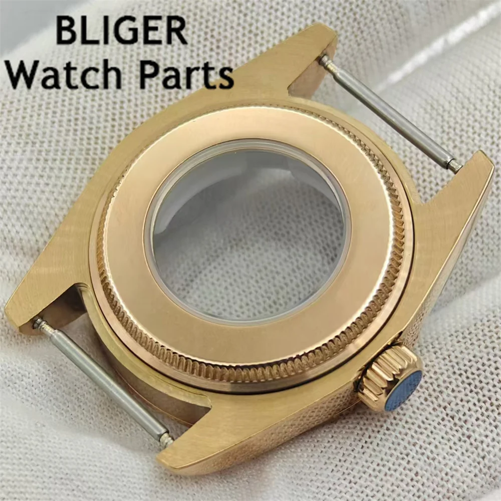BLIGER 31mm damski zegarek koperta złota różowe złoto karbowana polerowana pochylona okrągła ramka szkło szafirowe pasuje do mechanizmu NH05 NH06