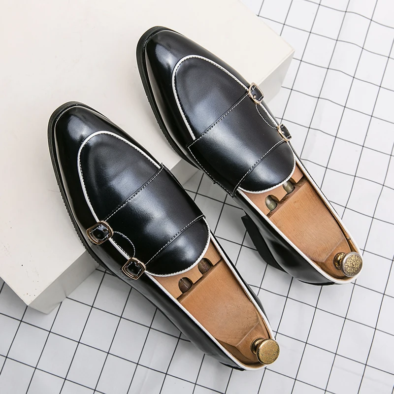 Men Double Buckle Decor Monk Shoes, Business Office Black Dress Shoes