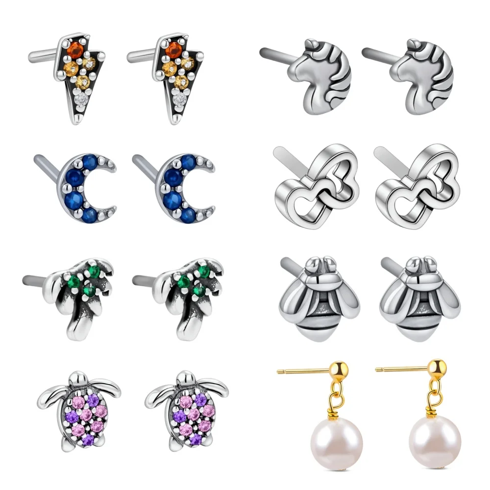 925 Sterling Silver Ear Needle Exquisite Star Moon Geometric Small Zircon Stud Earrings Unisex Wild Earrings Girl Huggie Jewelry