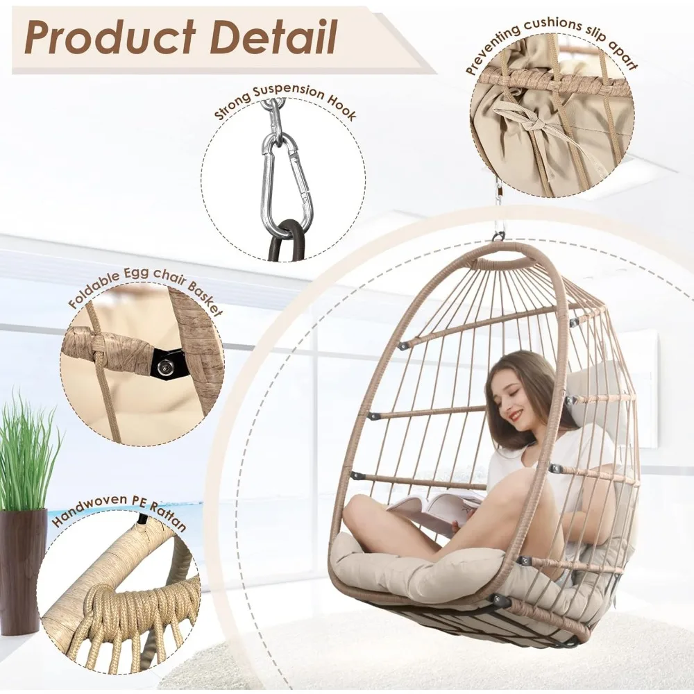 Hammocks,Egg Chair Without Stand Luxury Outdoor Patio Wicker Hanging Egg Chairs ,Water Resistant Cushions for  Balcony,Hammocks.