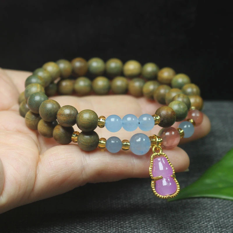 8mm double-loop bracelet with green sandalwood and gourd pendant, women's decorative prayer beads and Buddhist beads jewelry