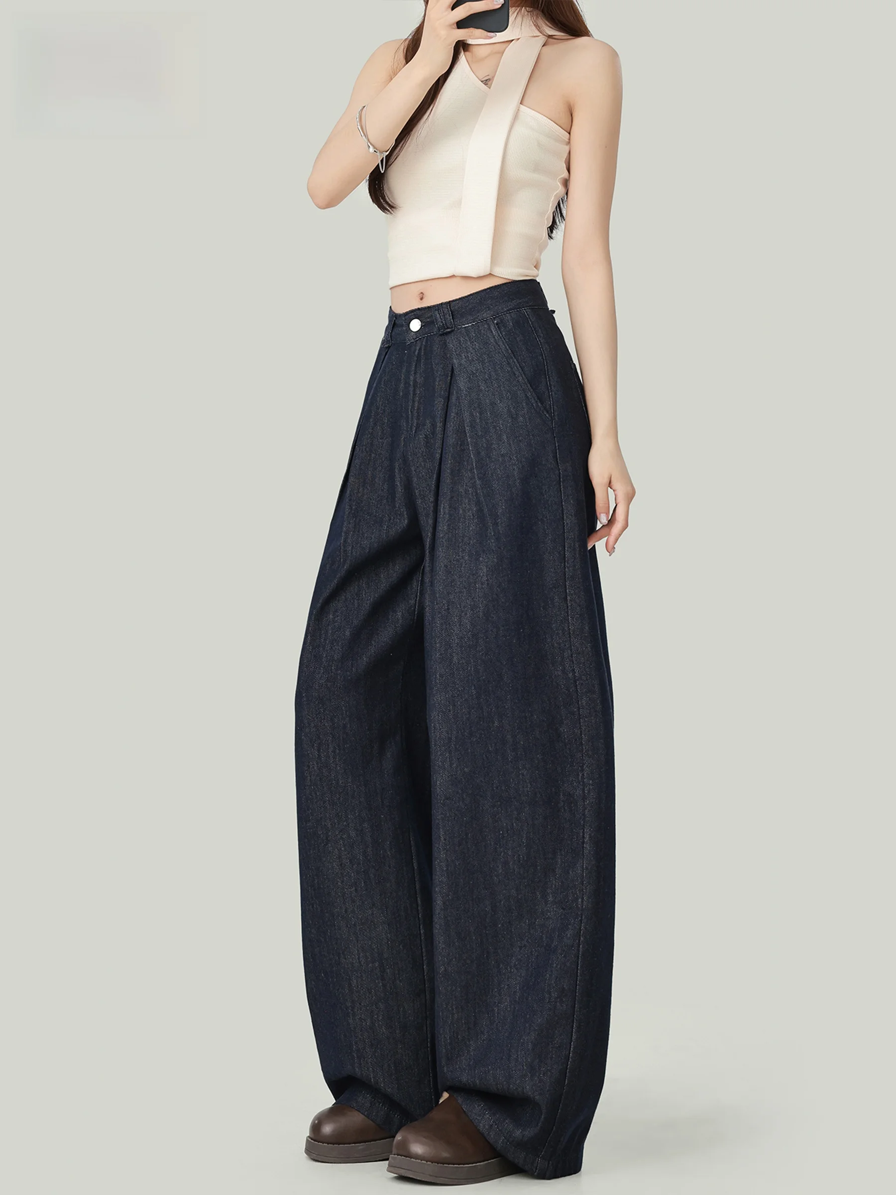 

Джинсы Deep Blue с высокой талией и широкими штанинами для женщин, свободный крой, стройнящий дизайн, с отворотами, длина в пол, повседневный стиль, на пуговицах