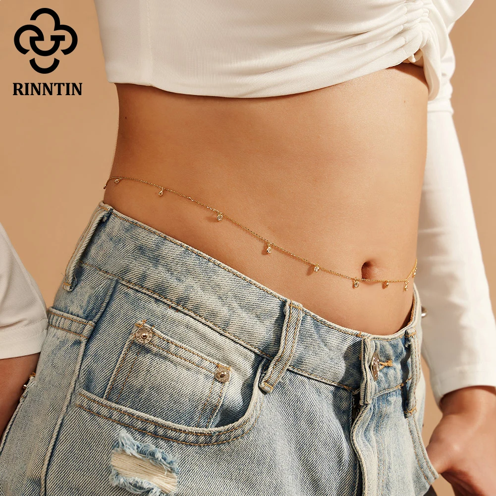 Rinntin Fashion Sexy Body Chain with Clear CZ 925 Sterling Silver for Women Sexy Belly Belt Waist Chain Summer Accessories CW01