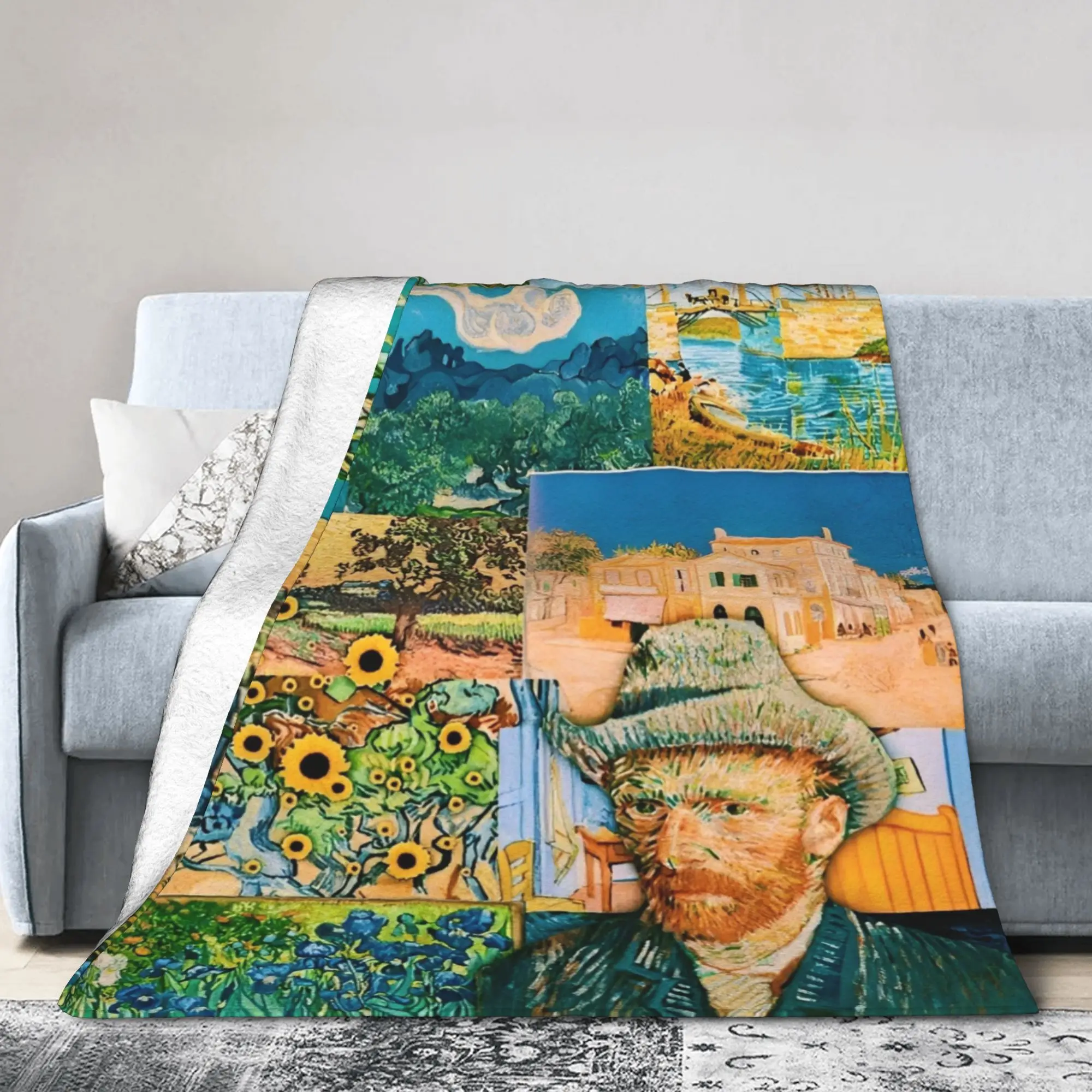 Van Gogh Art Oil Paintings Wool Blankets Sunflowers Starry Night Novelty Throw Blanket for Home Hotel Sofa Warm