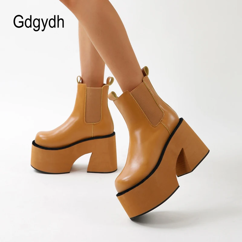 Gdgydh Minimalist Slip On Platform Chelsea Boots Chunky Heeled Boots for Women Faux Leather Brown Strech Comfy Ankle Booties