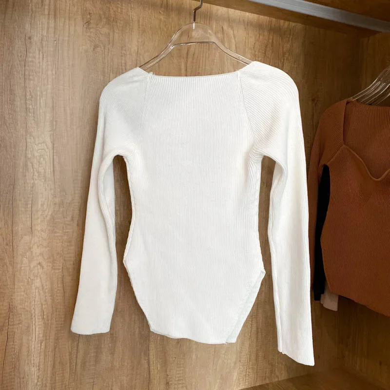 Women Chic Square Collar T-shirt Slim Mesh French Fashion Sweet Knit Long Sleeves Top Autumn Winter Women Hotsweet Beach Blouse