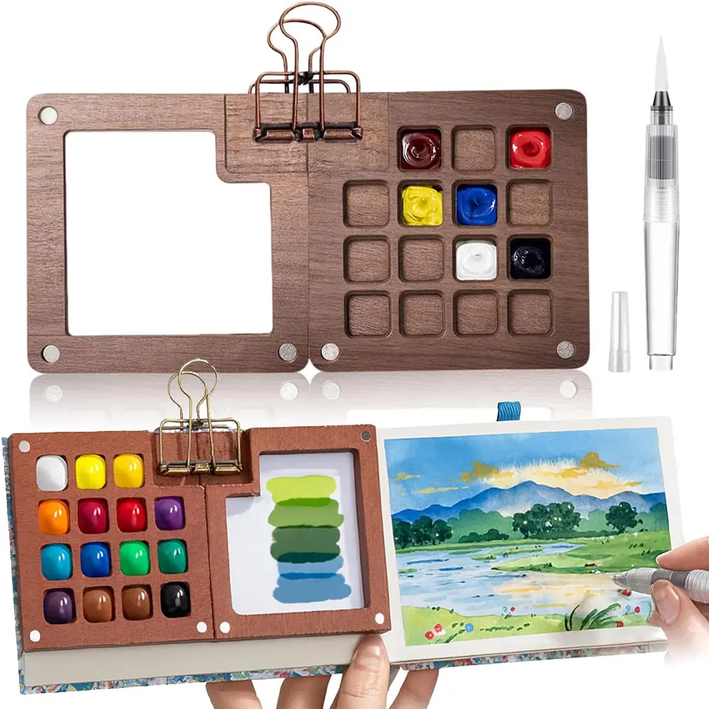 

Portable foldable 15-grid wooden paint box, comes with 1 watercolor brush and 1 metal binder clip, mini travel watercolor set.