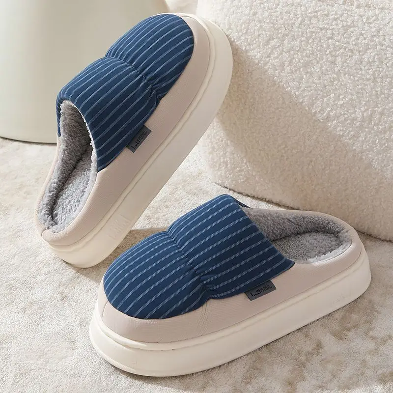 

2025 Autumn Winter New PU Leather Cotton Slippers for Couples Thick Sole Waterproof Indoor Home Non Slip Warm Shoes for Men