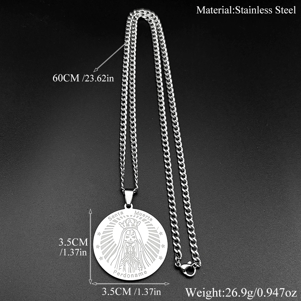 Mexikanische Santa Muerte Perdoname Anhänger Halskette für Frauen Männer Edelstahl Gold Farbe Schädel Stern Medaille Amulett Kette Schmuck – Detail 3