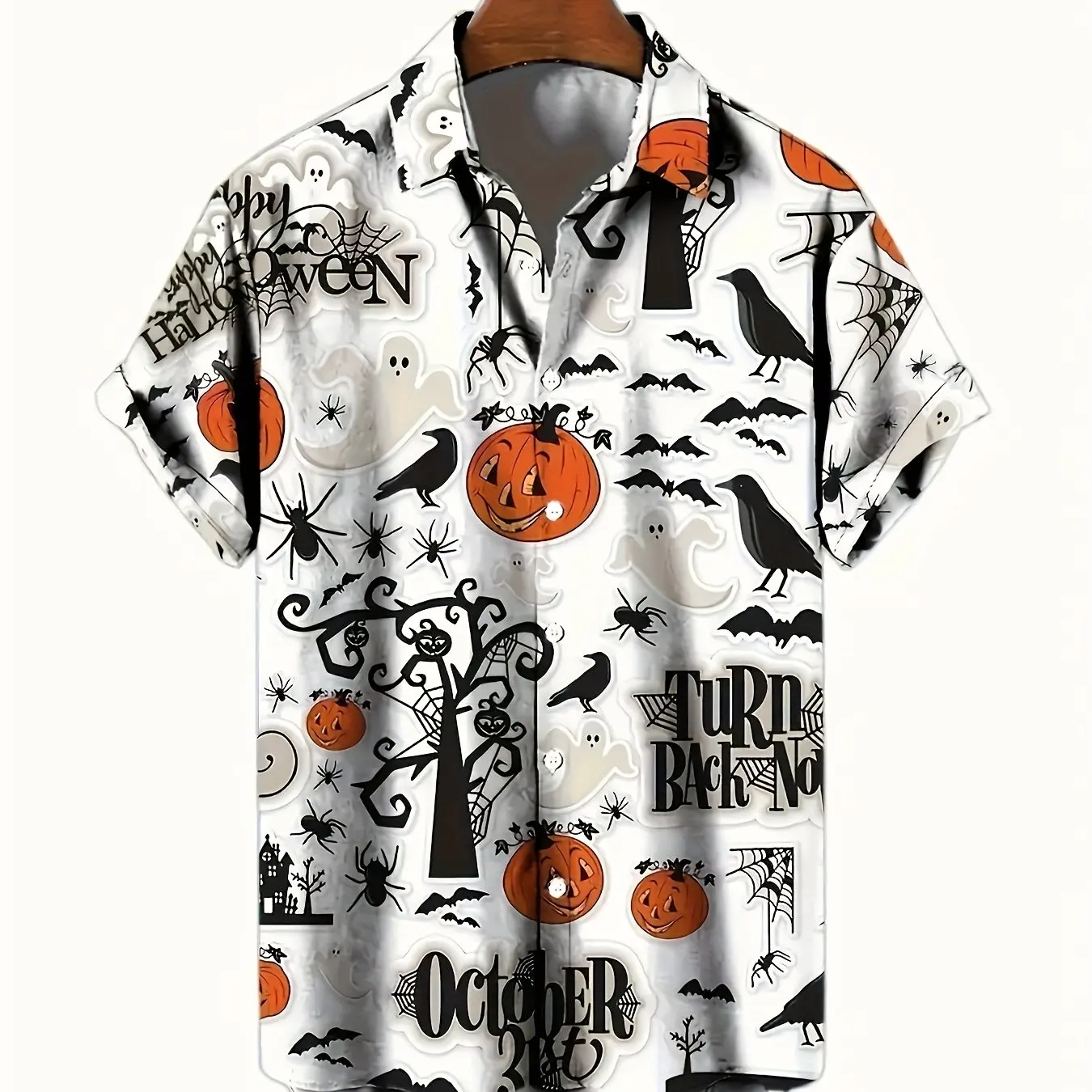 Men's Halloween Pumpkin Ghost Crow Bat Spider Print Short Sleeve Camp Collar Shirt October Theme Party Casual Top
