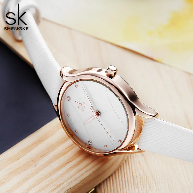 Shengke Women\'s Watches Fashion Leather Wrist Watch Plaid Ladies Watch White Clock Reloj Mujer Bayan Kol Saati Montre Feminino