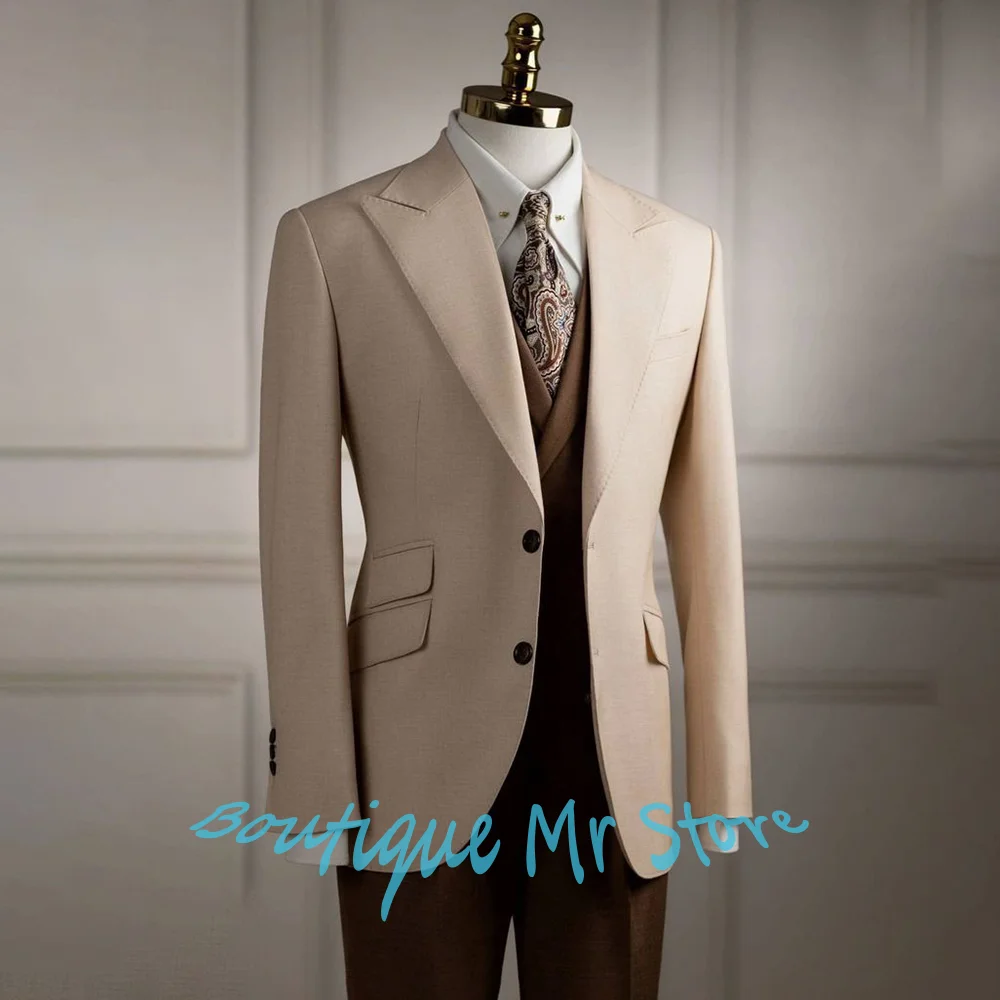

Beige Single Breasted Men's Suit Set Formal Jacket+Vest+Pants Classic Tuxedo for Wedding Groom Wear Elegant Prom Business Outfit