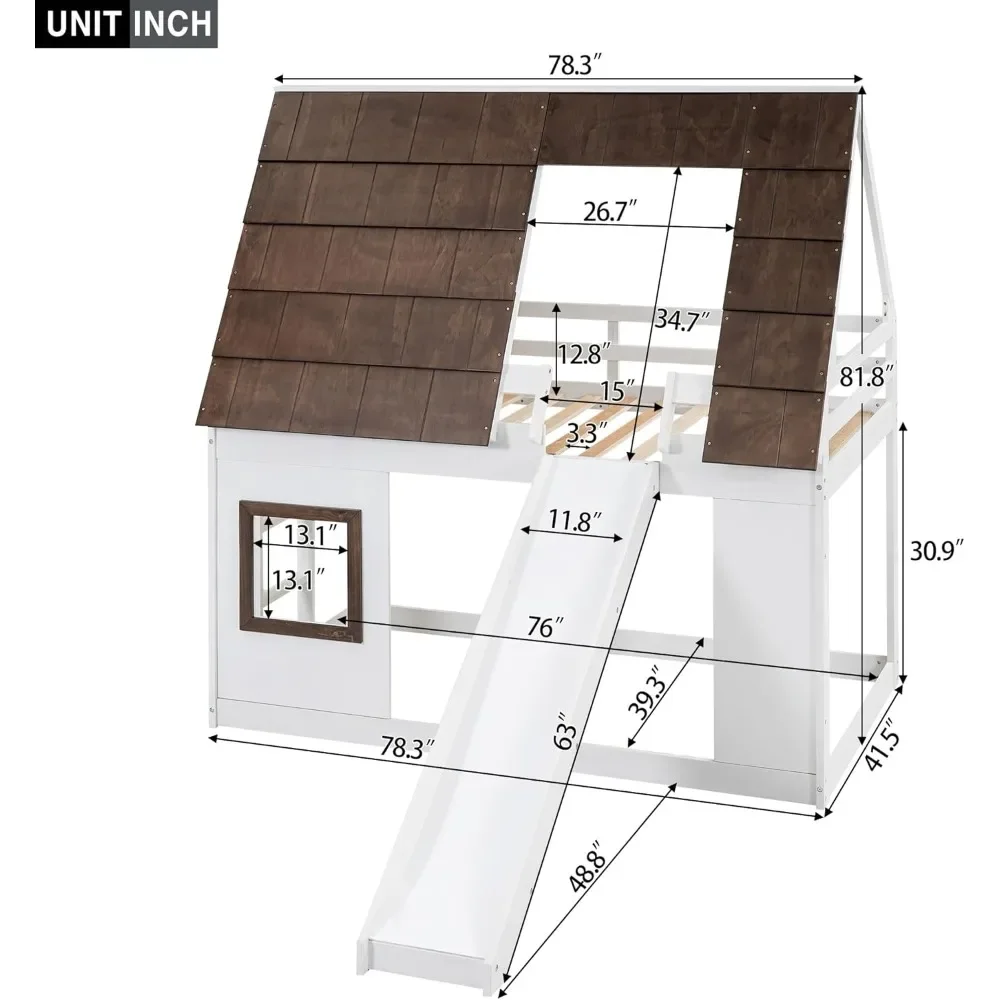 

Twin Over Twin House Bunk Bed Frame with Roof,Window,Ladder and Slide for Boys Girls, White & Brown