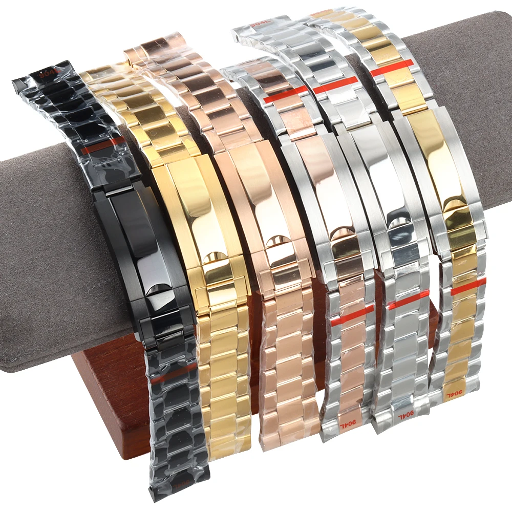 

20mm Width Rose Gold/Gold/Black 316L Stainless Steel Polish Oyster Bracelet Fit Sub Log NH35 Case Folding Buckle Sliding Lock