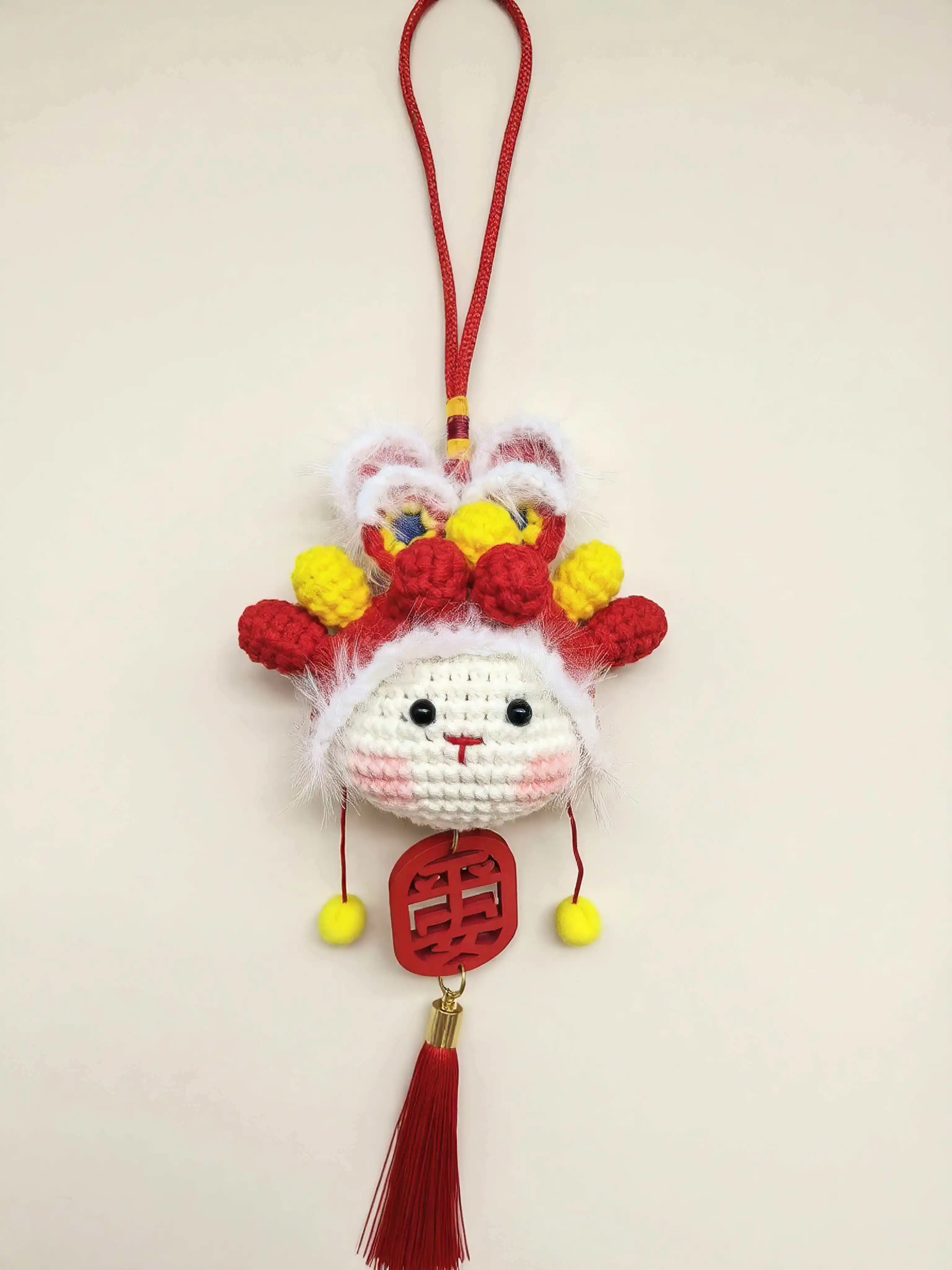 Chinese Style Crochet Lion Dance Rabbit Car Pendant Handmade Knitted Lucky Safety Amulet Tassel Ornament New Year Gift Auto Inte